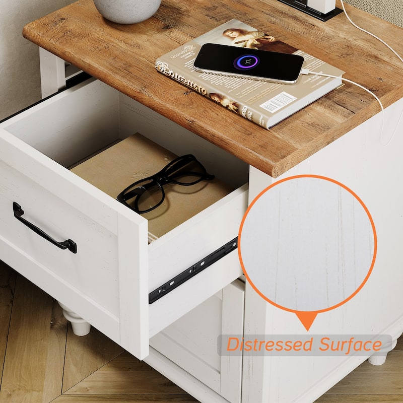 Nightstand with Charging Station, 2-Drawer End Table for Bedroom