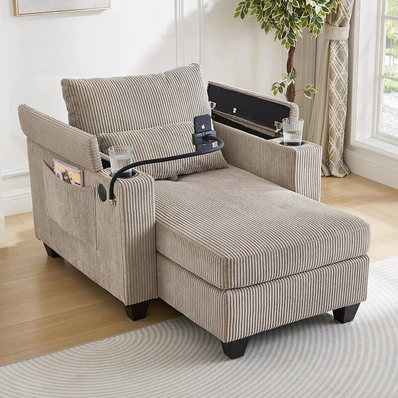 Convertible Chaise Lounge 37.4" Sofa Chair Sofa Bed Corduroy Sleeper Sofa with USB Ports, Two Cup Holders, Phone Holder - Brown