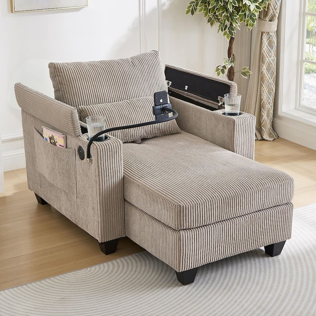 Convertible Chaise Lounge Sofa Chair Bed in Brown Corduroy with USB Ports, Storage & More