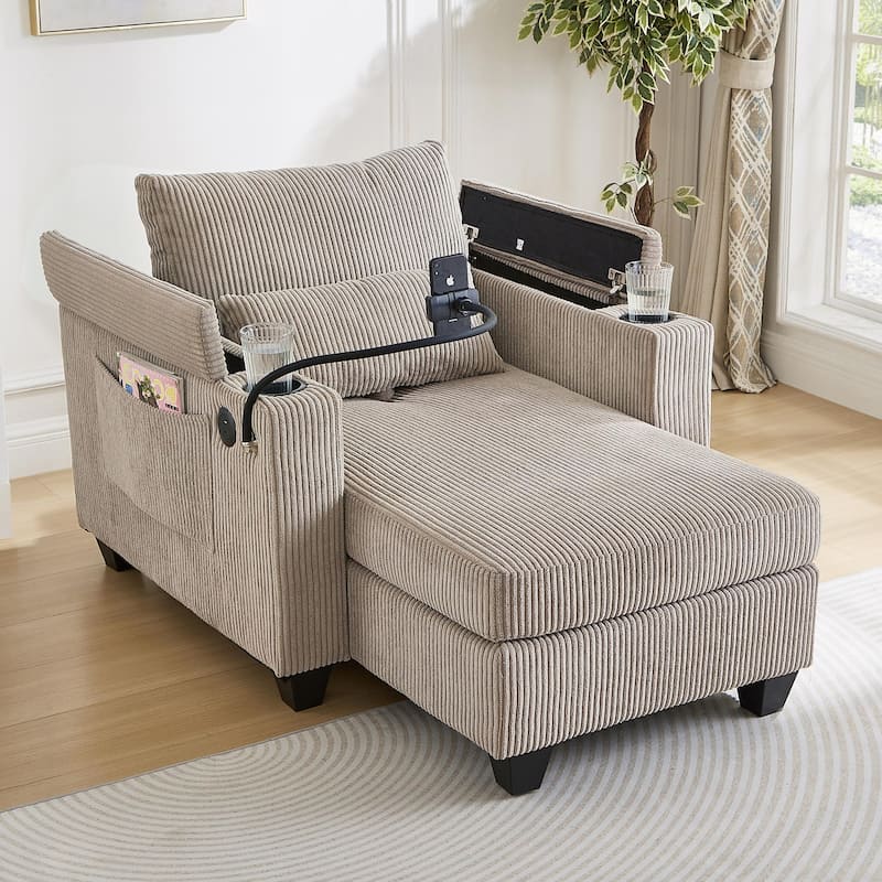 Roomfitters Convertible Corduroy Sofa Chair Bed with USB Ports, Cup Holders, Phone Slot and Storage for Living Room - Brown