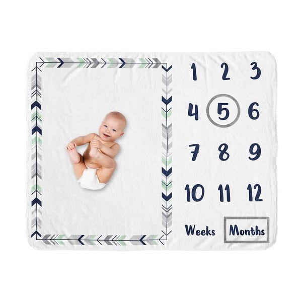 slide 2 of 6, Woodland Arrow Collection Boy or Girl Baby Monthly Milestone Blanket - Grey Navy Blue and Mint Green Gender Neutral