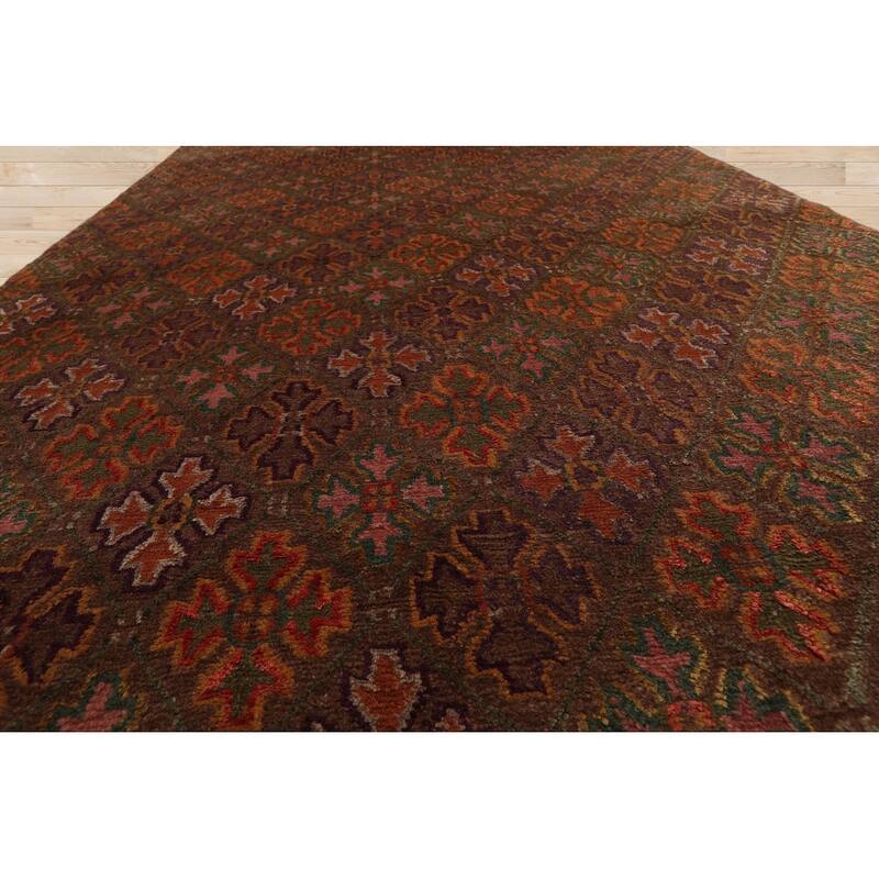 Hand Knotted Tibetan Brown Floral Wool & Silk Transitional Area Rug - 4' x 6'