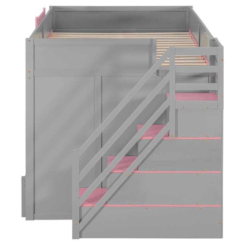 Full Over Full Bunk Bed with Twin Trundle, Staircase, Kids Loft Bed with Storage, LED Lighting, Space-Saving Wood Bed Frame