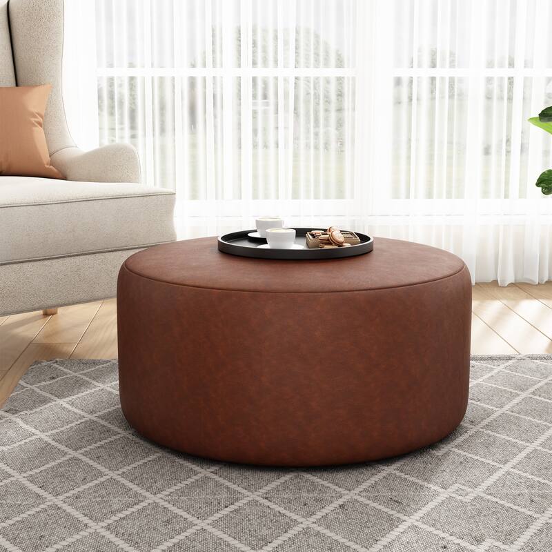 PU Leather Round Ottoman - Classic Brown Upholstered Accent Furniture