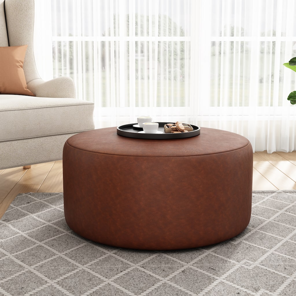 PU Leather Round Ottoman - Classic Brown Upholstered Accent Furniture