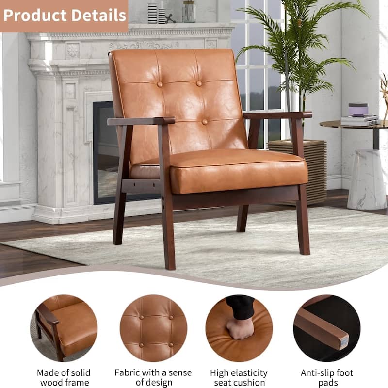 Ebello Mid-Century Modern Upholstered Leather Accent Chair with Solid Wood Frame