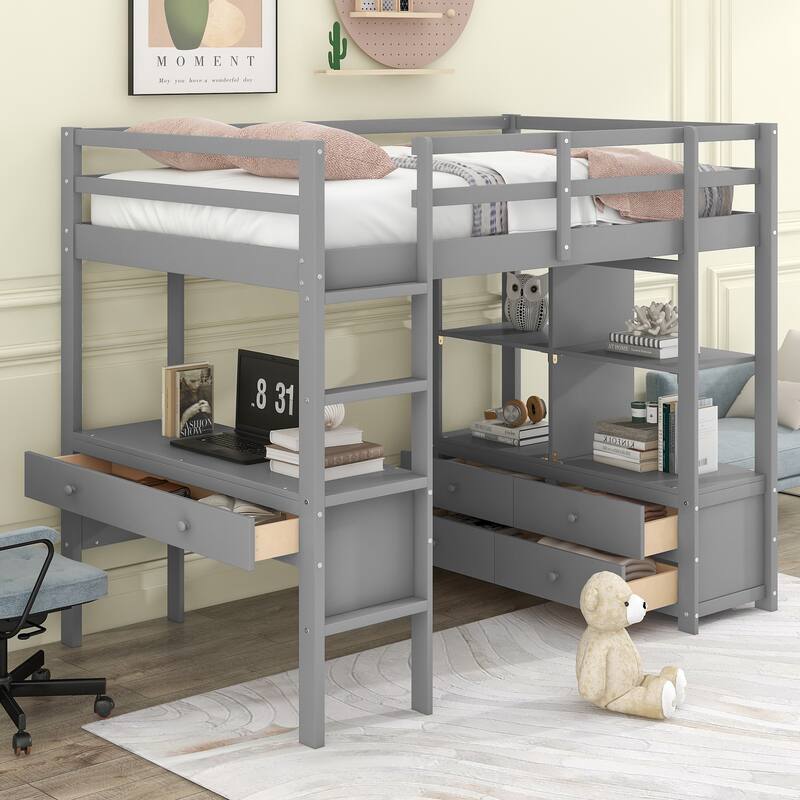Twin Size Kids Loft Bed with Desk, Storage, Ladder & Safety Guardrail