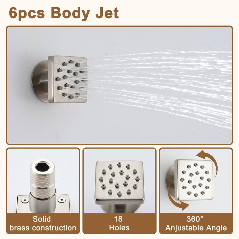 Luxury Thermostatic Shower System 1-Spray Patterns Wall Mount Fixed Shower Head and Handheld Spray with 6 Body Jets - 12" x 12"