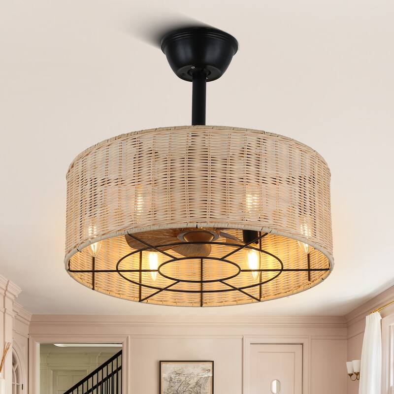 Cusp Barn 18 Inch Boho Caged Ceiling Fan, Farmhouse 6-Light Fandelier with 3 Speeds, Woven Rattan Chandelier for Bedroom - Remote