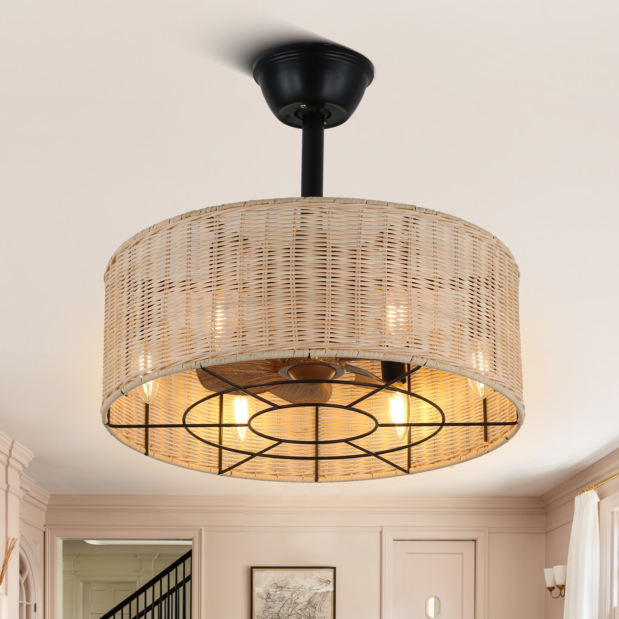 Cusp Barn 18 Inch Boho Caged Ceiling Fan, Farmhouse 6-Light Fandelier with 3 Speeds, Woven Rattan Chandelier for Bedroom
