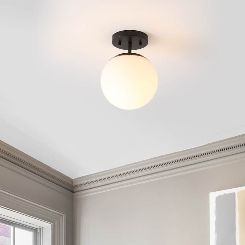 Galax Bistro 7.75" 1-Light Bohemian Farmhouse Iron/Frosted Glass LED Semi Flush Mount, Brass Gold/White by JONATHAN Y