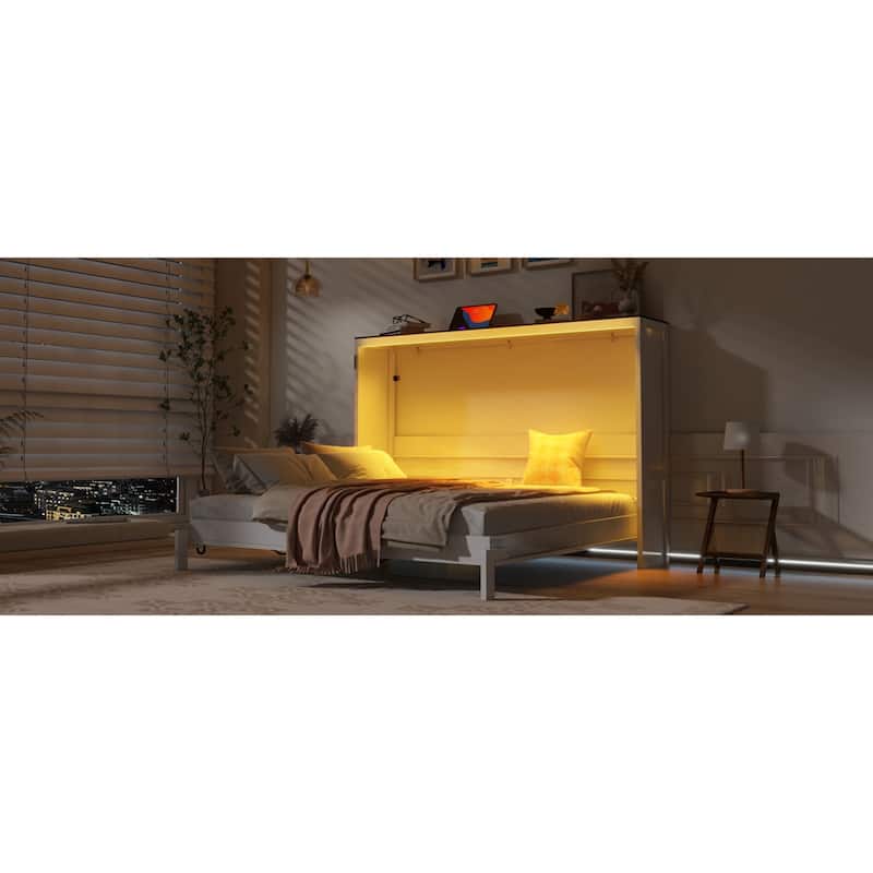 Roomfitters Full/Queen Size Murphy Bed with Desk, LED Light and Hydraulic Lift, Cabinet Design