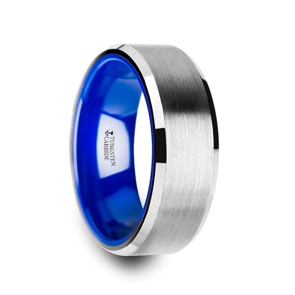 THORSTEN - SIRIUS Flat Beveled Edges Tungsten Ring with Brushed Center and Vibrant Blue Ceramic Inside
