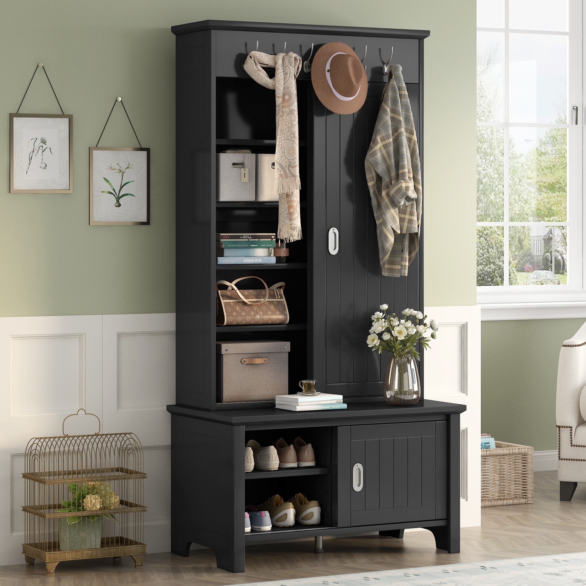Hall Tree with Sliding Doors Wooden Hallway Shoe Cabinet with Storage Bench and Shelves Coat Storage with Hanging Hooks Bed Bath Beyond 39466030