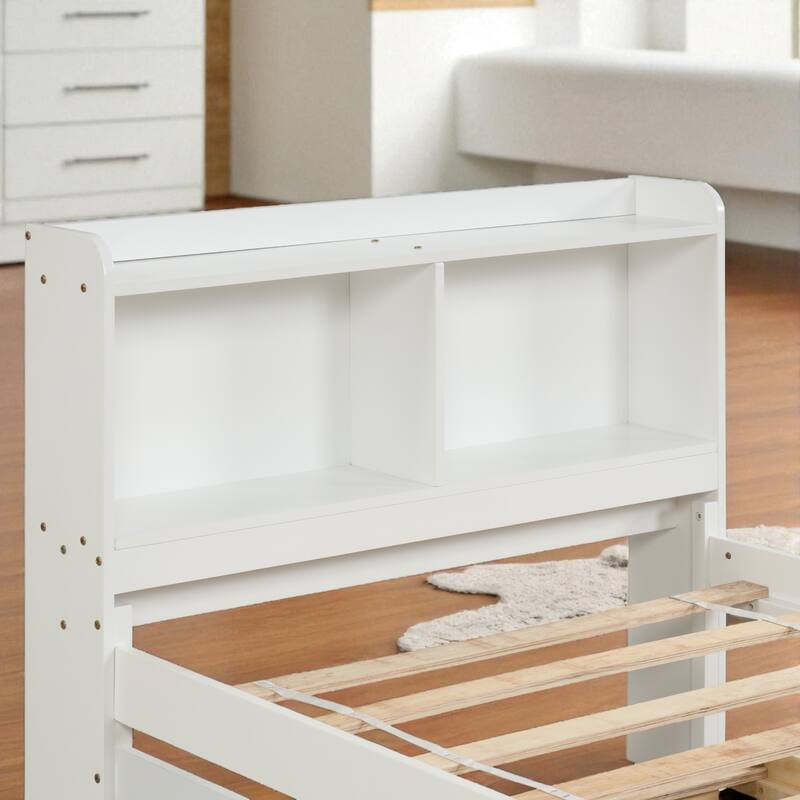 Twin/Full Bed Frame with Pull-Out Trundle and Bookcase Headboard, No Box Spring Needed