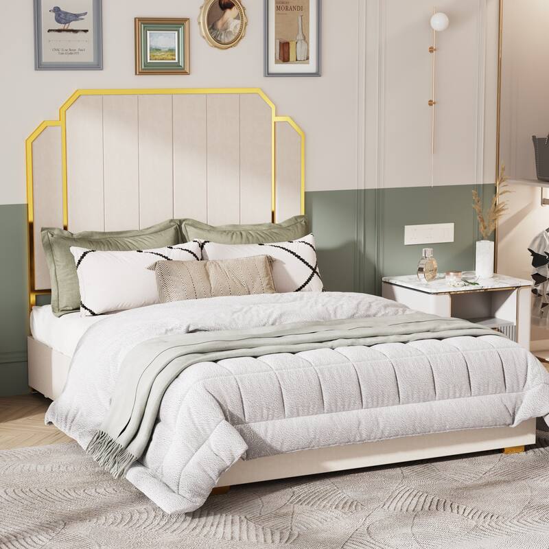 Queen Size Upholstered Platform Bed with Golden Trim
