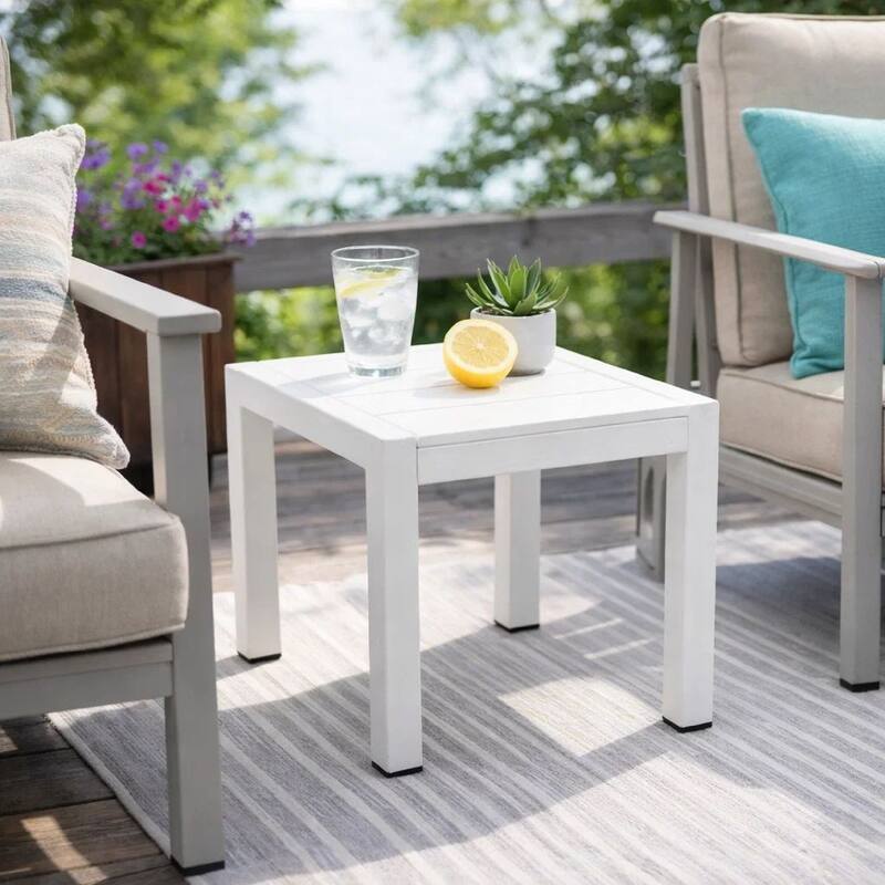 Josh 18 Inch Side End Table, Polyresin Planks, Crisp White Aluminum Frame