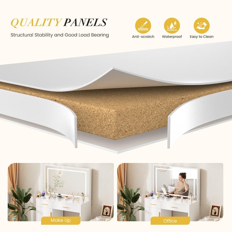 Rossetta 2-Drawer Makeup Vanity Table with Built-In Charging Stations, Big Storage