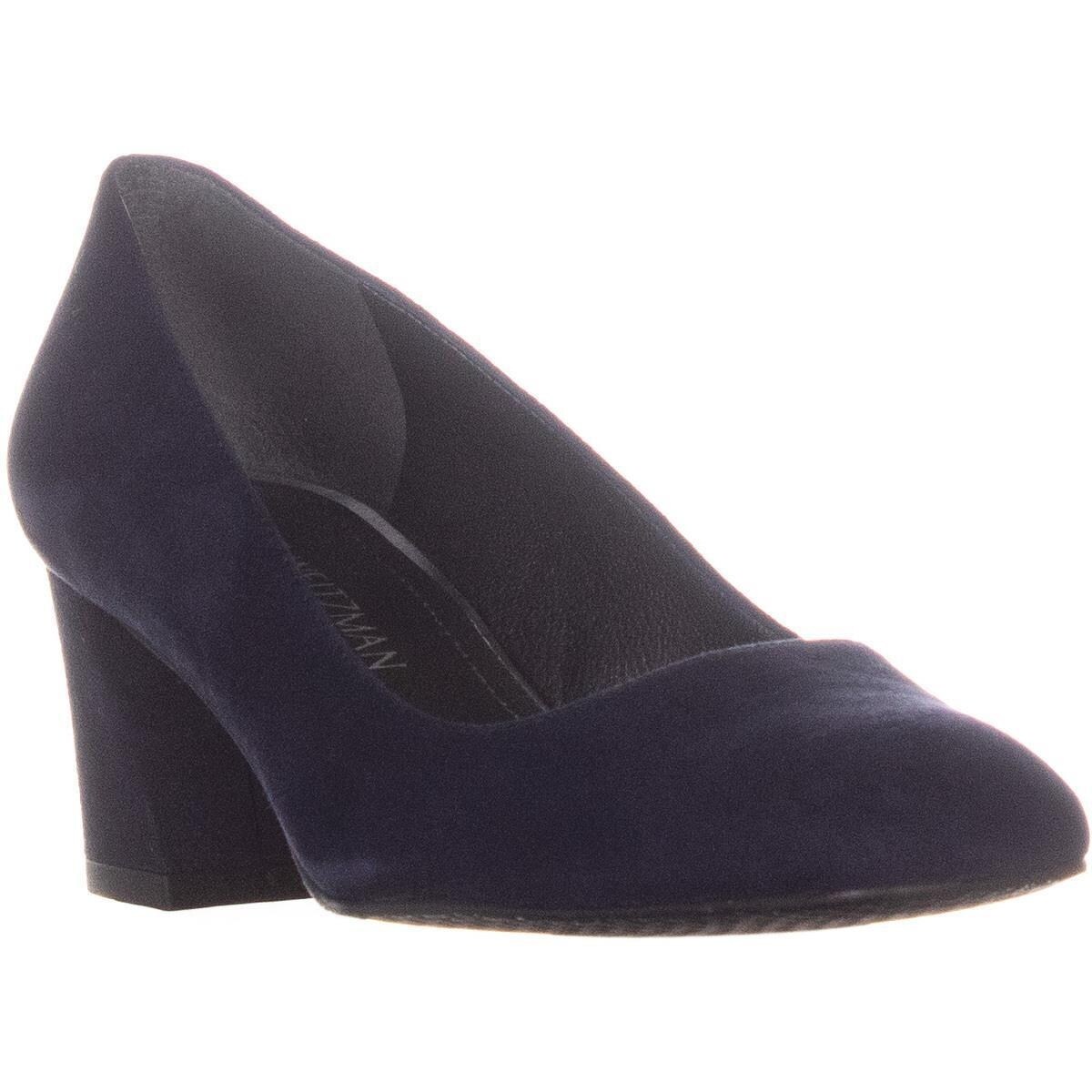 blue suede block heel pumps