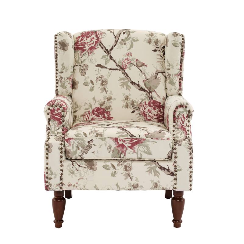 2 Set Transitional Patterned Wingback Accent Chairs with NailHead
