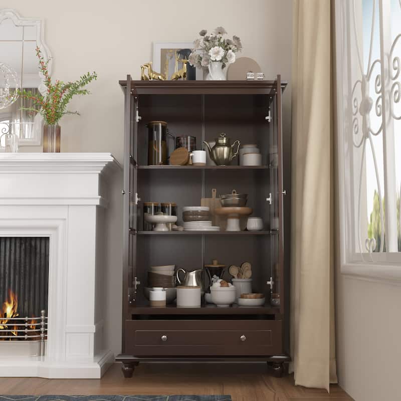 55.1''H Buffet Lacquer Sideboard Storage Cabinet Glass Doors Bookcase - Dark Brown