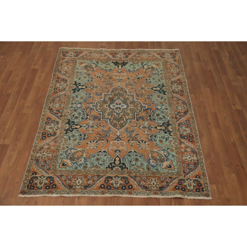 Hand Knotted Oriental 100% Wool Carpet Traditional Floral Oranges & Rust Tabriz Area Rug - 6' 0'' X 4' 6''