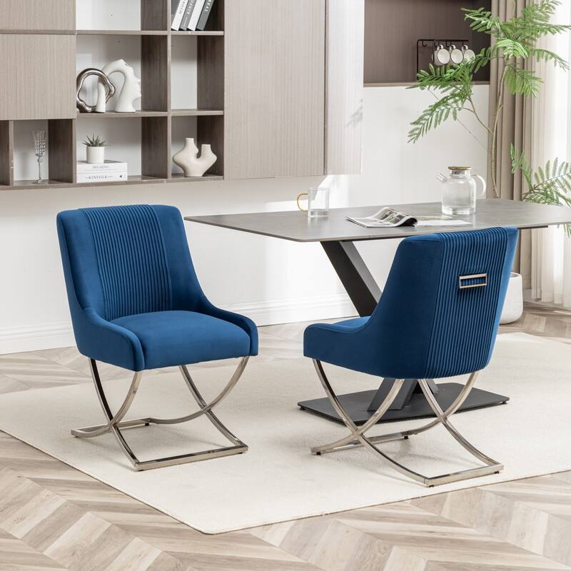 Modern Contempoary Velvet Dining Chair Set of 2 with Metal Frame Legs and Back Pull - Navy