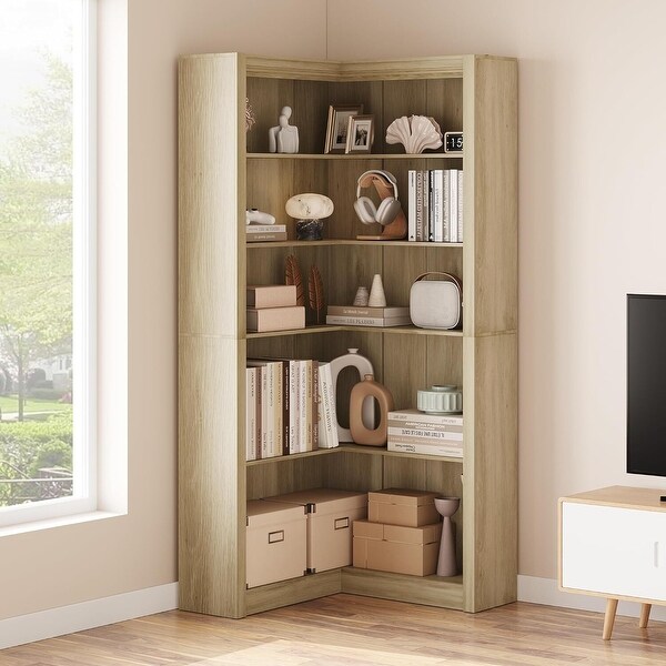 71.8in Farmhouse Tall Corner Bookshelf,5 Tier L-Shaped Bookshelf