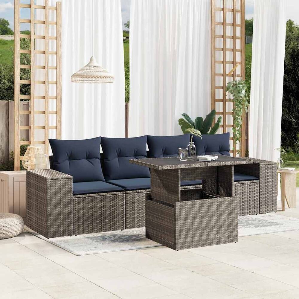 vidaXL Patio Sofa Set with Cushions Table and Couches 5 Piece Poly Rattan - 21.7 x 24.4 x 27.2
