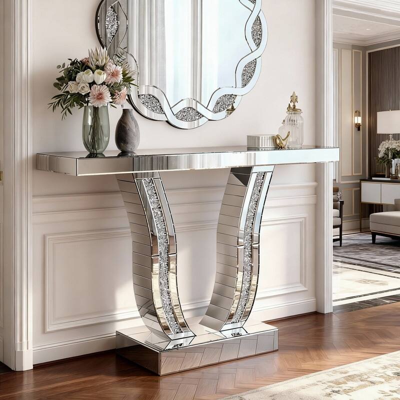 Mirrored 43" Silver Console Table, Entryway Sofa Table With Curved Legs - Silver