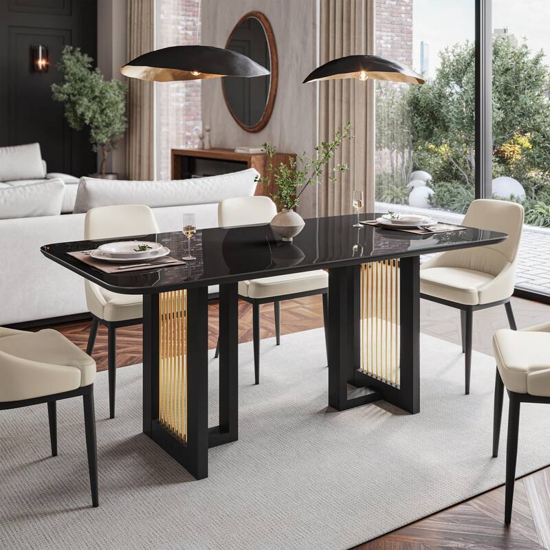 6 Seater Dining Table with Tempered Glass Top and Gold Accents Modern Design - Black - Black