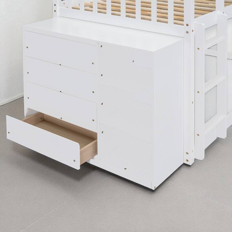Twin over Twin or Full over Full Bunk Bed with Storage Drawers, Shelves, and Reversible Ladder