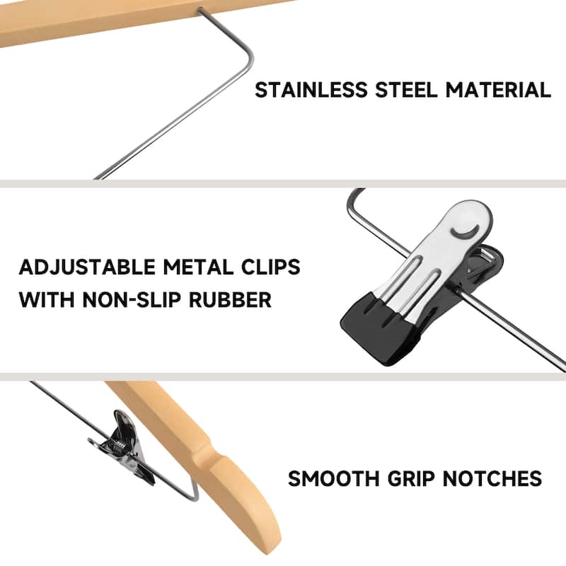 BP4U Solid Wood Hangers with Adjustable Metal Clips, Wooden Hangers for Coats, Jackets, Pants, Dresses, Skirts, and Suits