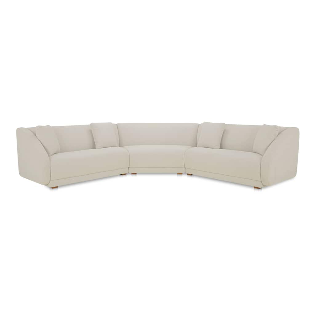 NADAAL STUDIOS Solace 3 Piece Modular Sectional with Wedge Slipper Chair, Sloped Arms, Plinth Base, Four Toss Cushions, White