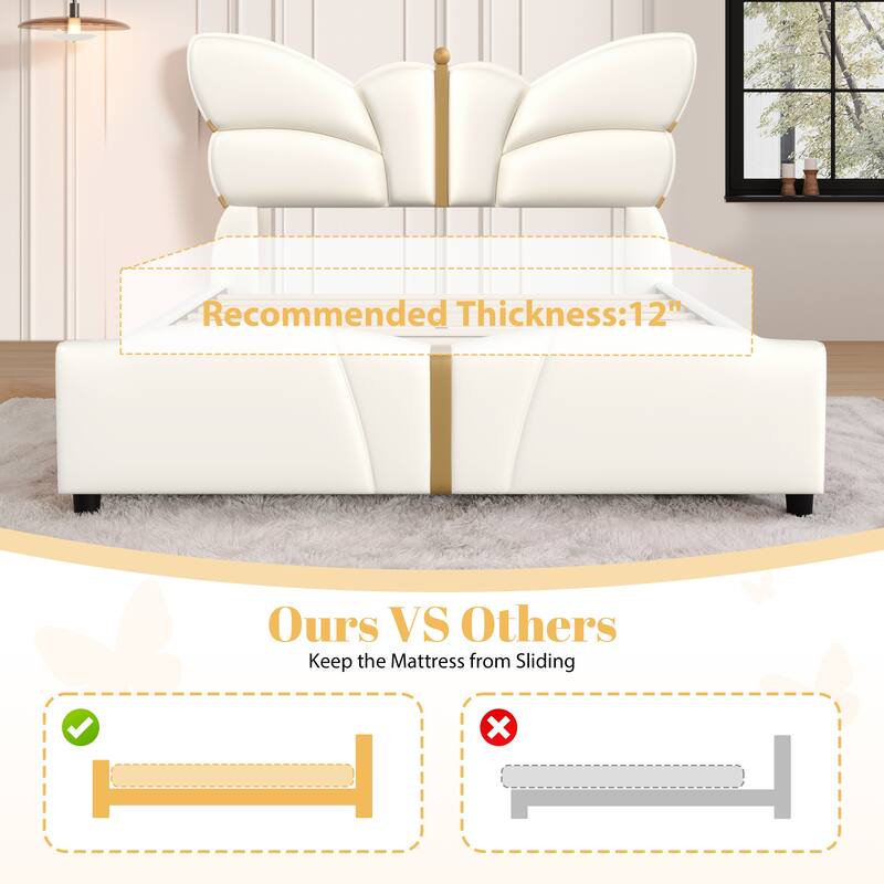 Queen Size Upholstered PU Leather Bed Frame with Butterfly Headboard, Gold Metal Decorations, No Box Spring Needed