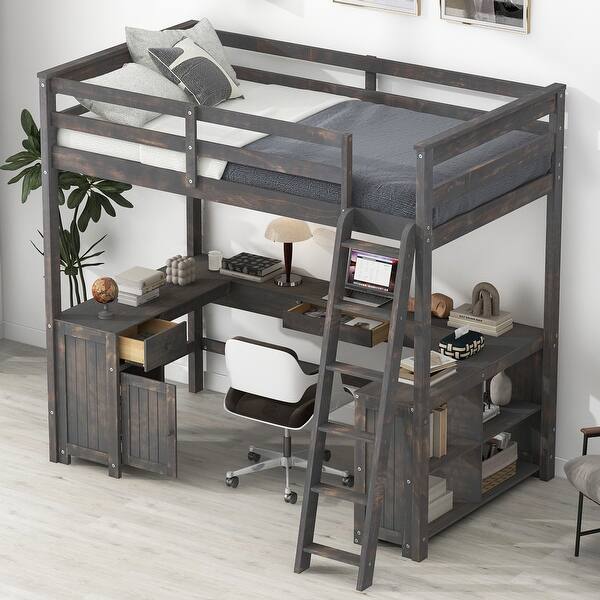 slide 2 of 17, Elegant Full Size Wood Loft Kids Bed with U-shaped Desk,Drawers,Shelf Antique Brown