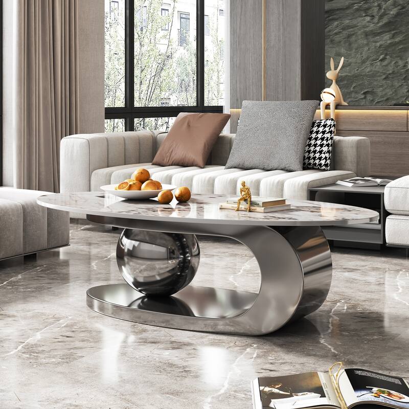 51 Inches Oval Faux Marble Coffee Table For Living Room With Stainless Steel Base