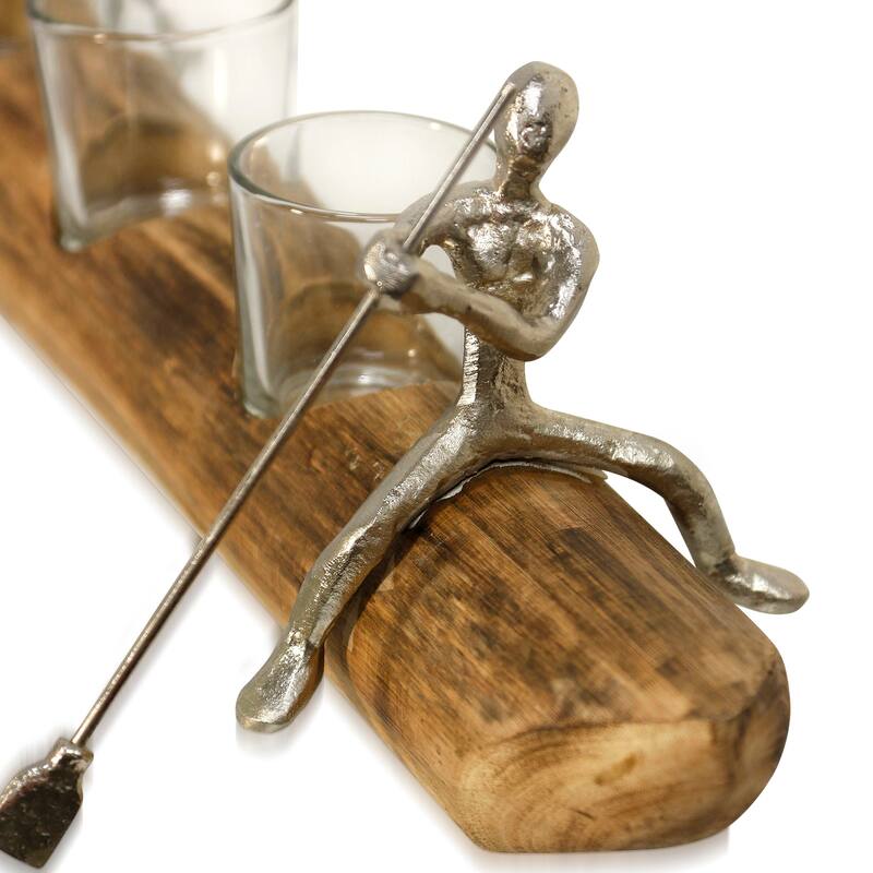 Natural Carved Wood Canoe with Paddling Pewter Figurines & Three Glass Candle Holders
