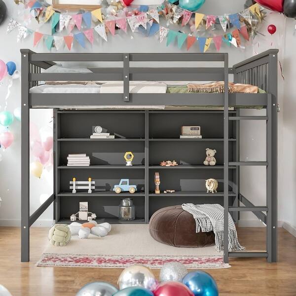 slide 2 of 30, Full Size Loft Bed with 8 Open Storage Shelves and Built-in Ladder, Gary Grey