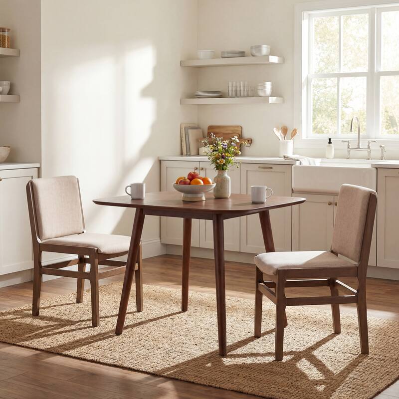 Christopher Knight Home - Mid-Century Modern 3-Piece Dining Set with Square Wood Table and Upholstered Armless Dining Chairs - Walnut+Beige