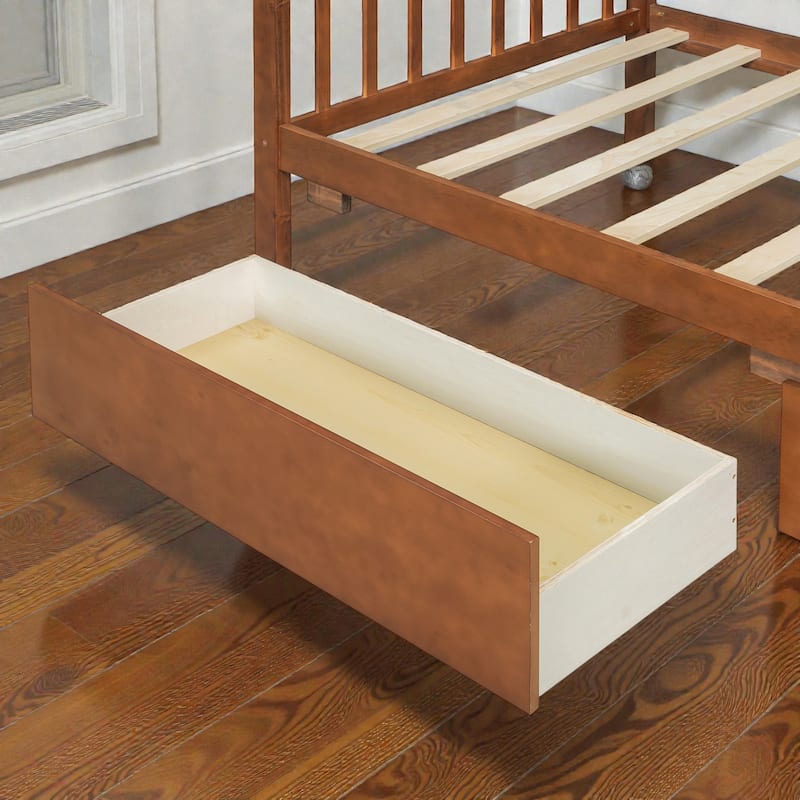 Twin/Full Size Wooden House Bed with Roof and 2 Drawers, Kids Platform Bed with Storage, Solid Pine Frame