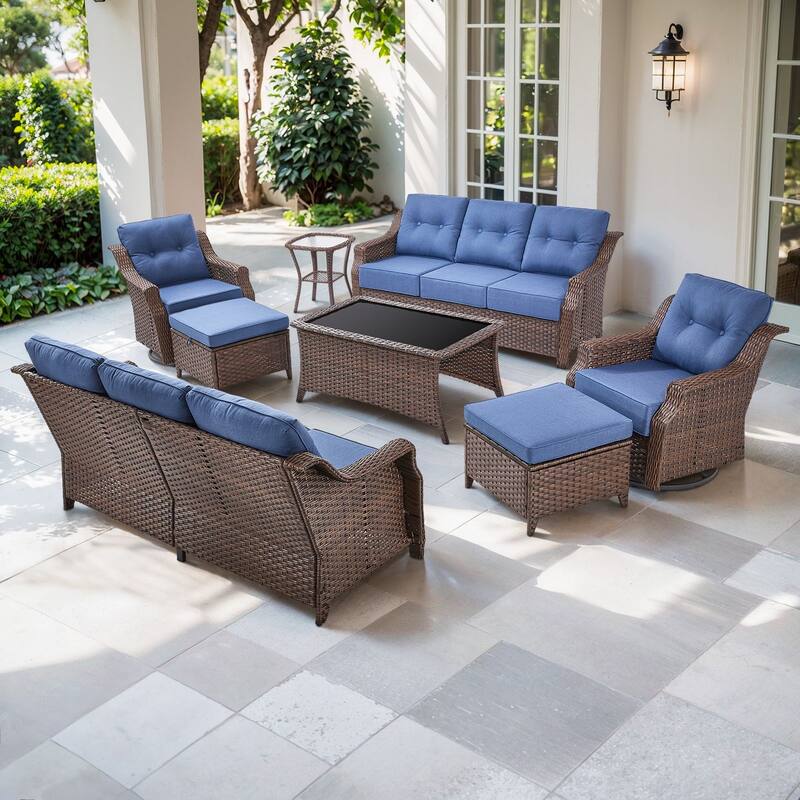 Artisan 8-Piece Patio Brown Wicker Sofa Conversation Set with 6-Inch Thick Cushions