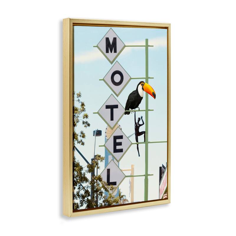 Stupell Toucan on Motel Sign Framed Floater Canvas Wall Art Design By Ashley Singleton