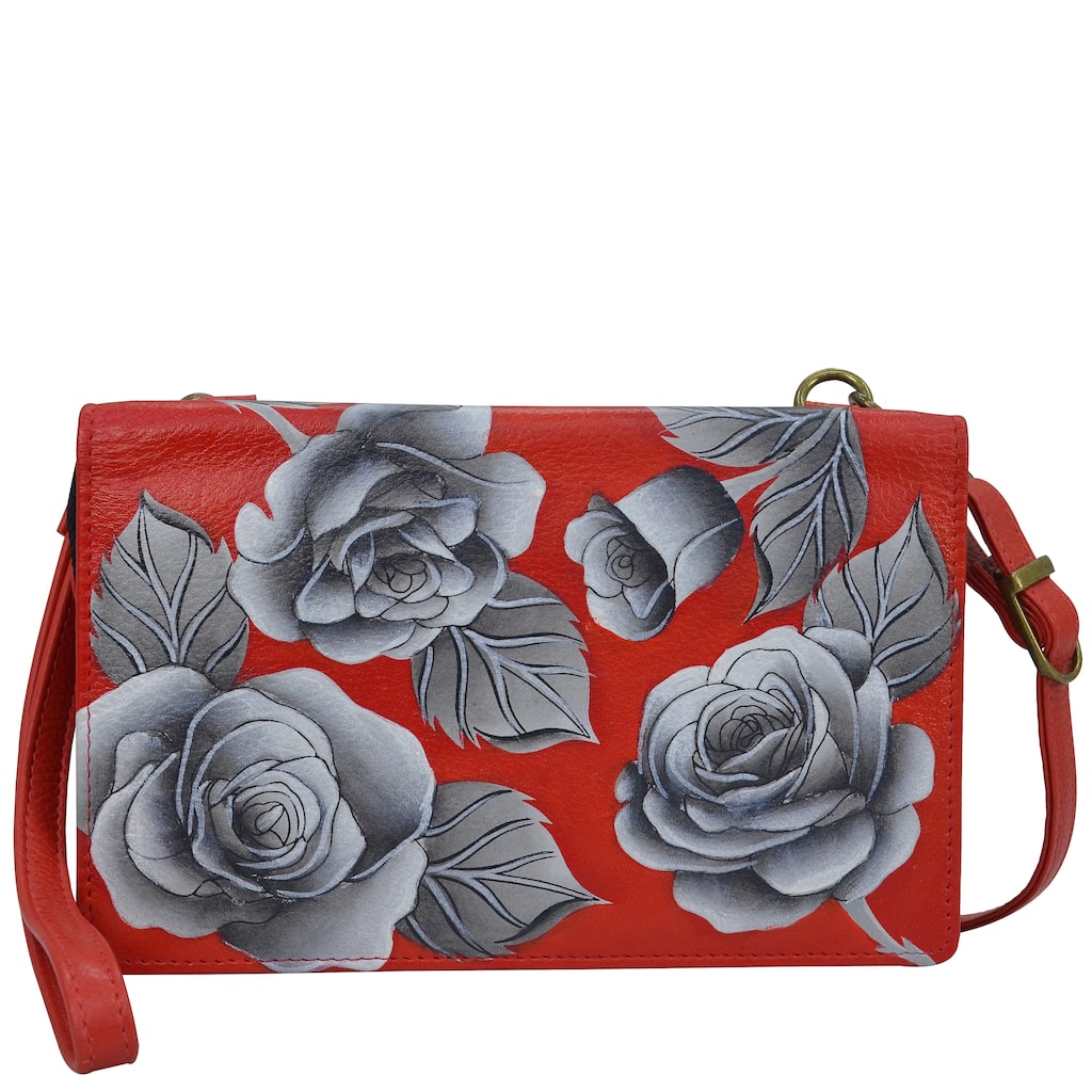 Handpainted Leather Ladies Organizer Wristlet - Romantic Rose Red