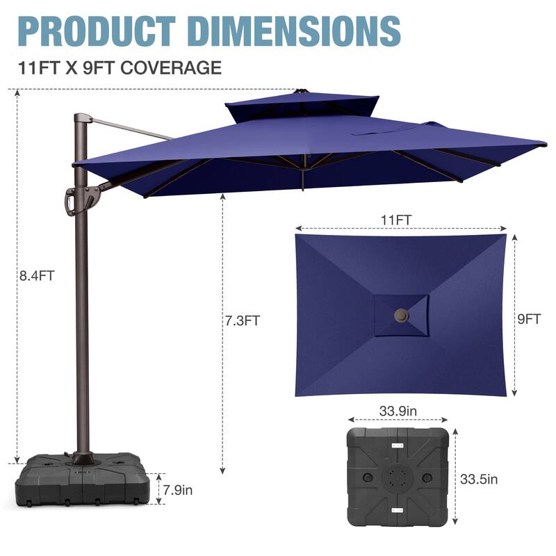 VredHom 9x11 FT Outdoor Patio Double Top Cantilever Umbrella with Wheel Base