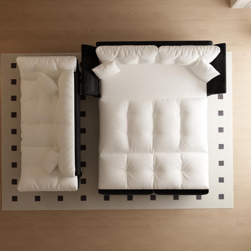 74.8" Queen Pull Velvet Out Sofa Bed, 3-in-1 Convertible Sleeper Tufted Sofa with 2 Soft Pillows-White