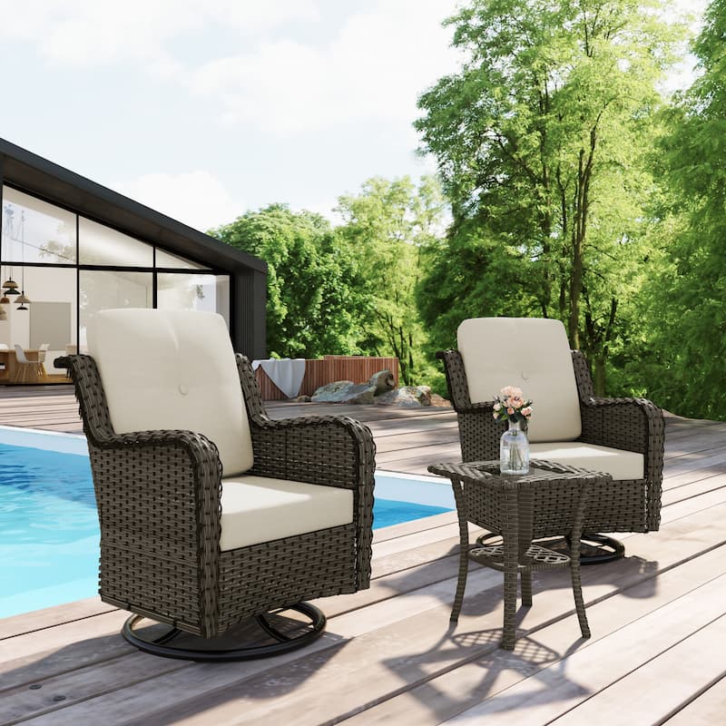 3-Piece Patio Rattan Swivel Cushioned Rocking Chair Set With Side Table - Beige