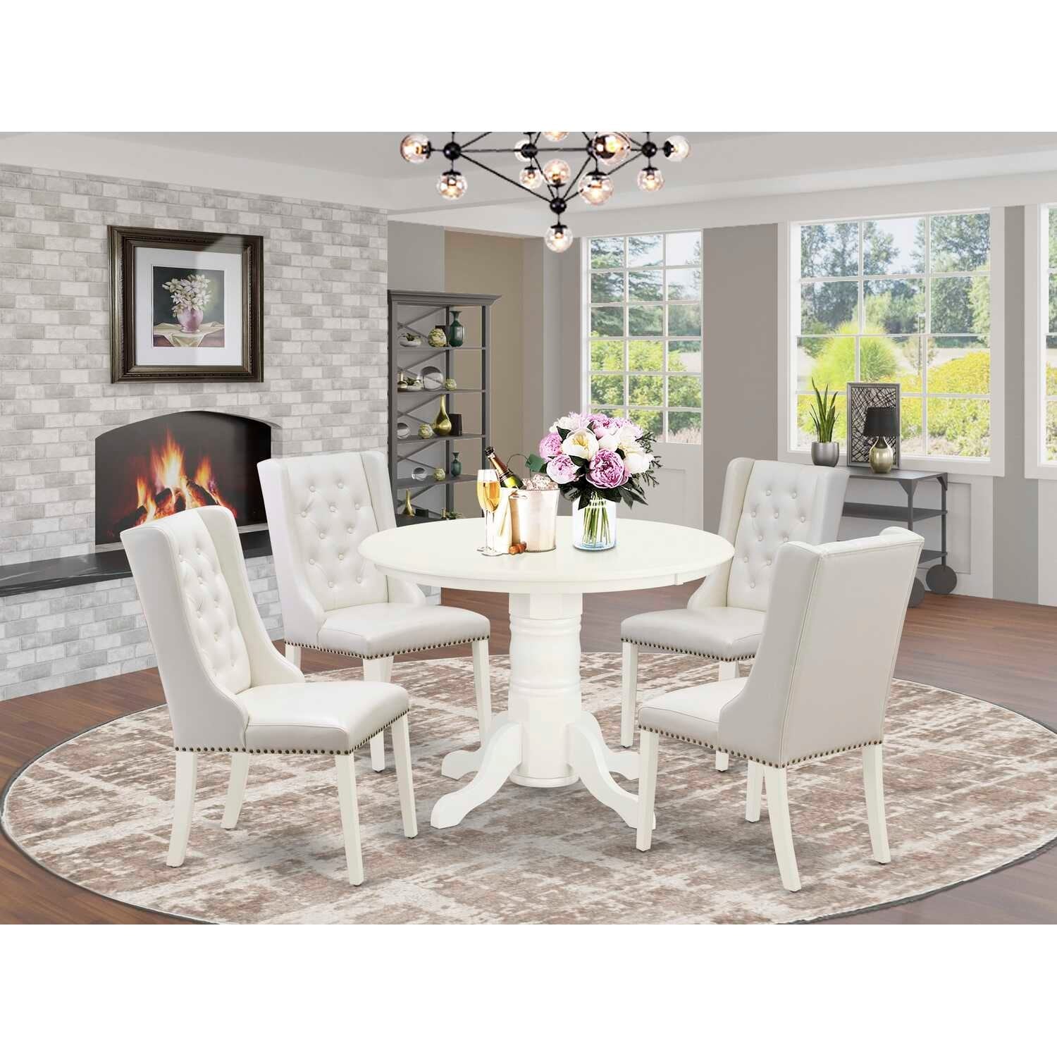 HomeStock 5-Piece Buttermilk and Cherry Finish Solid Wood Top Dining Table with 4 Parson Chair