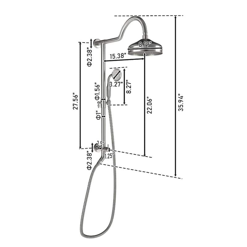 CASAINC Exposed Pipe Shower System with 8-In Rainfall Shower Head and Handheld Shower