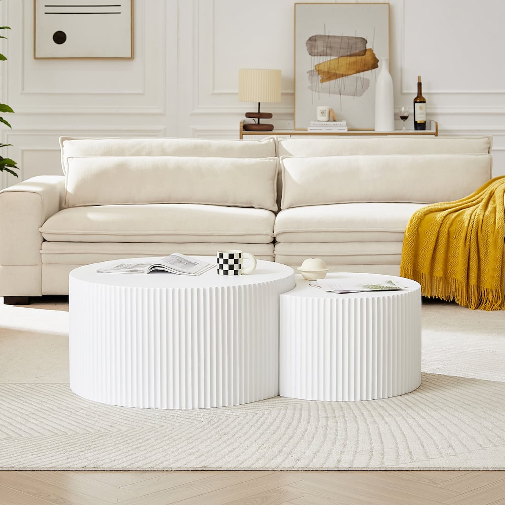 Modern Coffee Table, White Table Set of 2 with Hand-Carved Relief, for Living Room, Office and Leisure Area